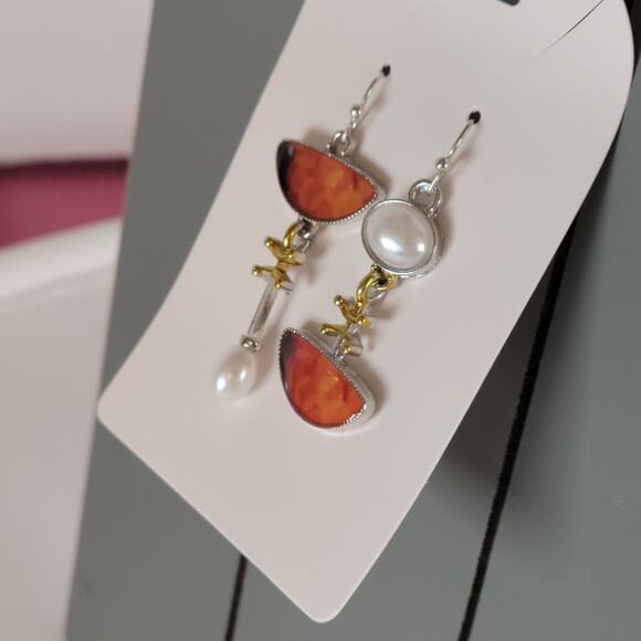Abstract Drop Earrings Orange Half Moon Pearl Dangle Mixed Metal Boho Style - Picture 4 of 8